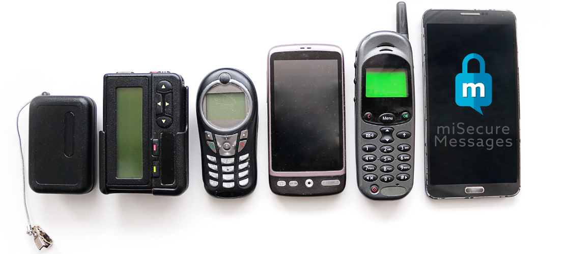 Representation of advances in communication tech from pager to smart phone.