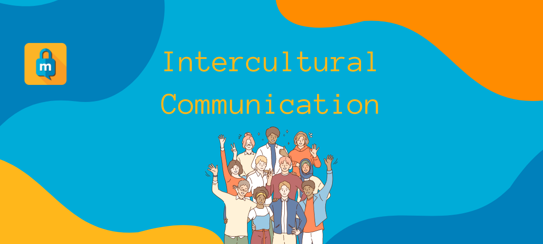 Diverse group of people underneath intercultural communication text